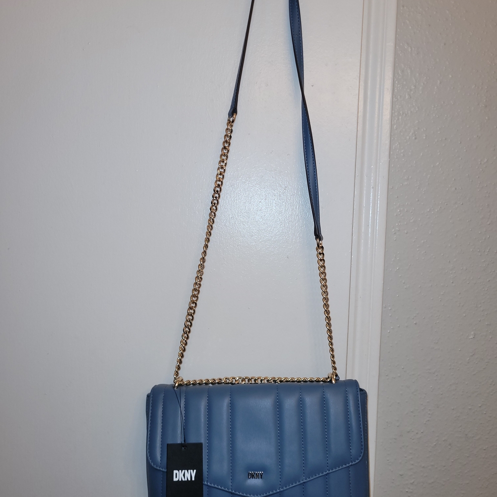 DKNY Light Blue Quilted Shoulder Bag with Gold Chain